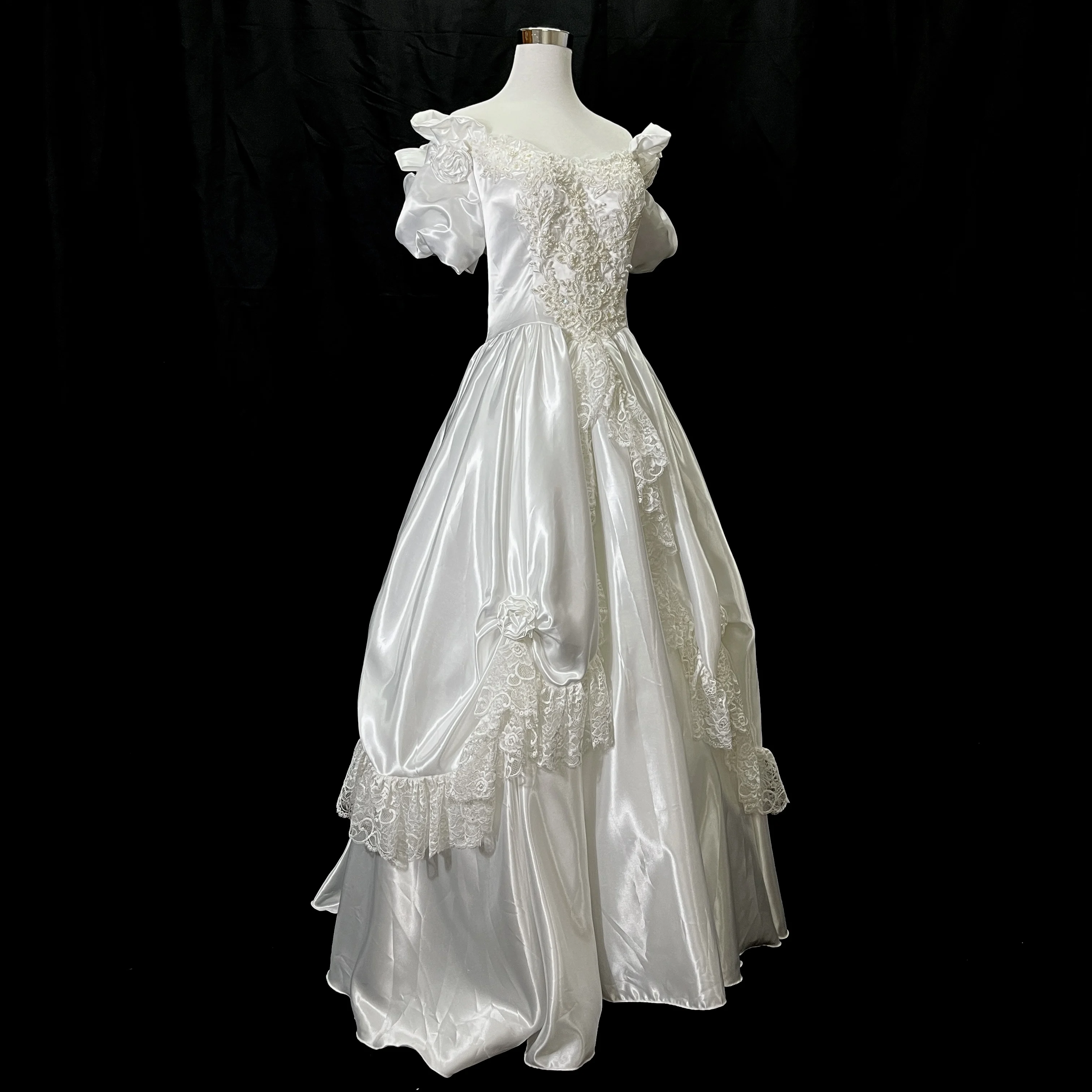 AnXin SH-vestido de novia antiguo vintage, princesa blanca, mancha, flor de encaje, cuello de barco, rosa, manga abombada, cuentas, perlas de cristal, LZ