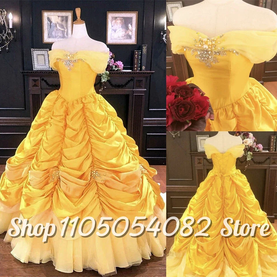 Customized Romantic Yellow Princess Snap Shoulder Wedding Dress Beaded Rhinestone Decoration A-Line Pleated Bridal Gowns