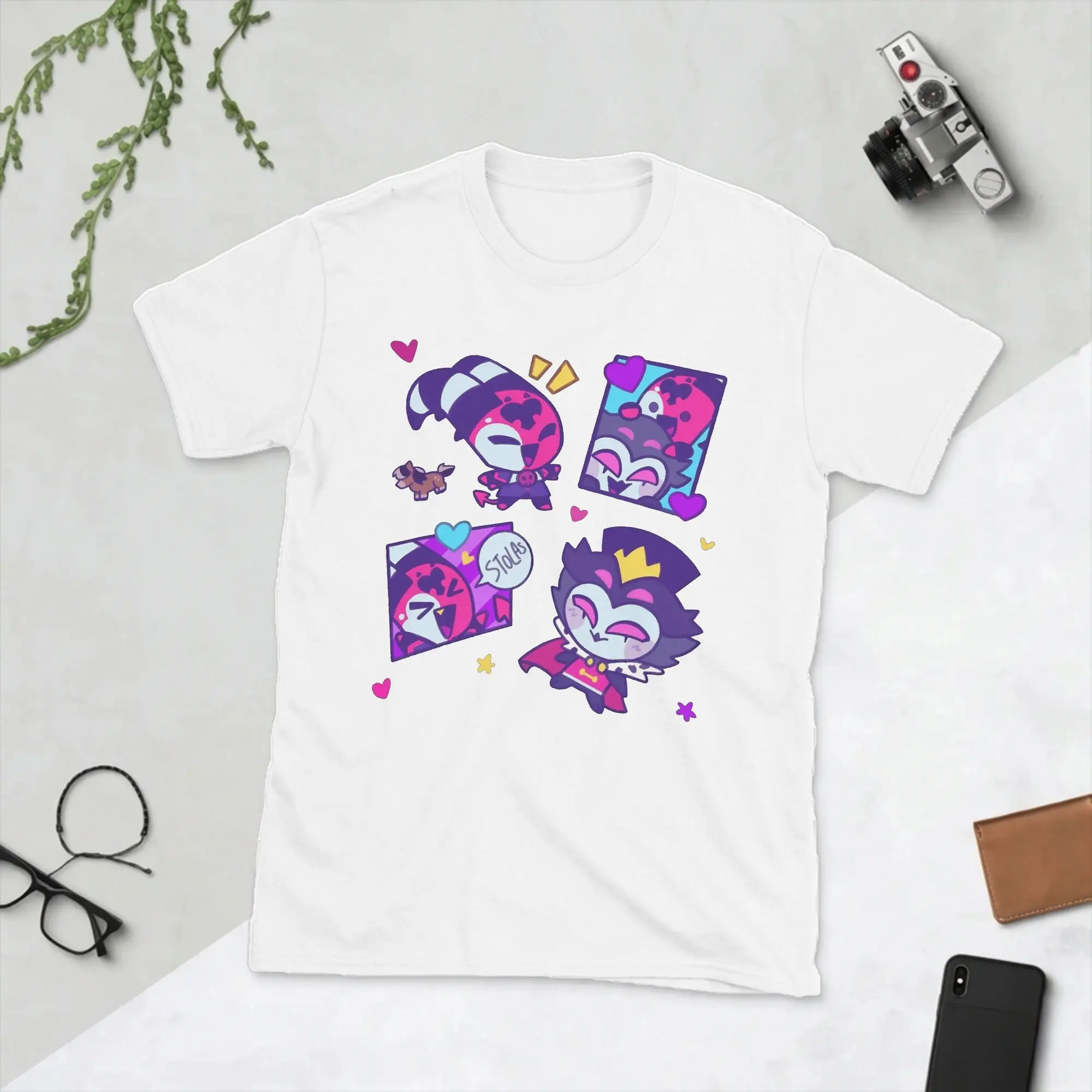 Stolas and Blitzo Chibi Valentines T Shirts for Men Pure Cotton T-Shirt Crewneck Helluva Cartoon Boss Tee Shirt Short Sleeve