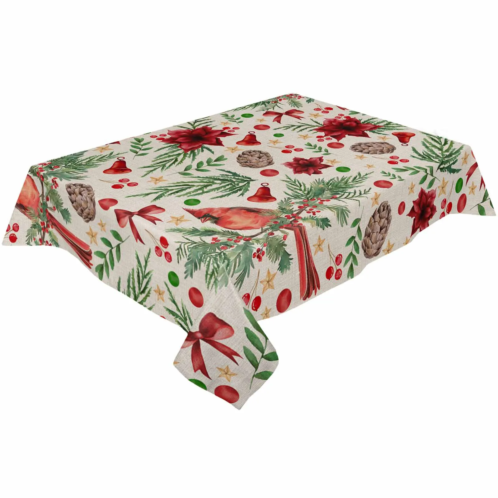 Christmas Flower Berries Star Plant Cardinals Bow Tablecloth Waterproof Dining Table Rectangular Round Table Cover Kitchen Decor