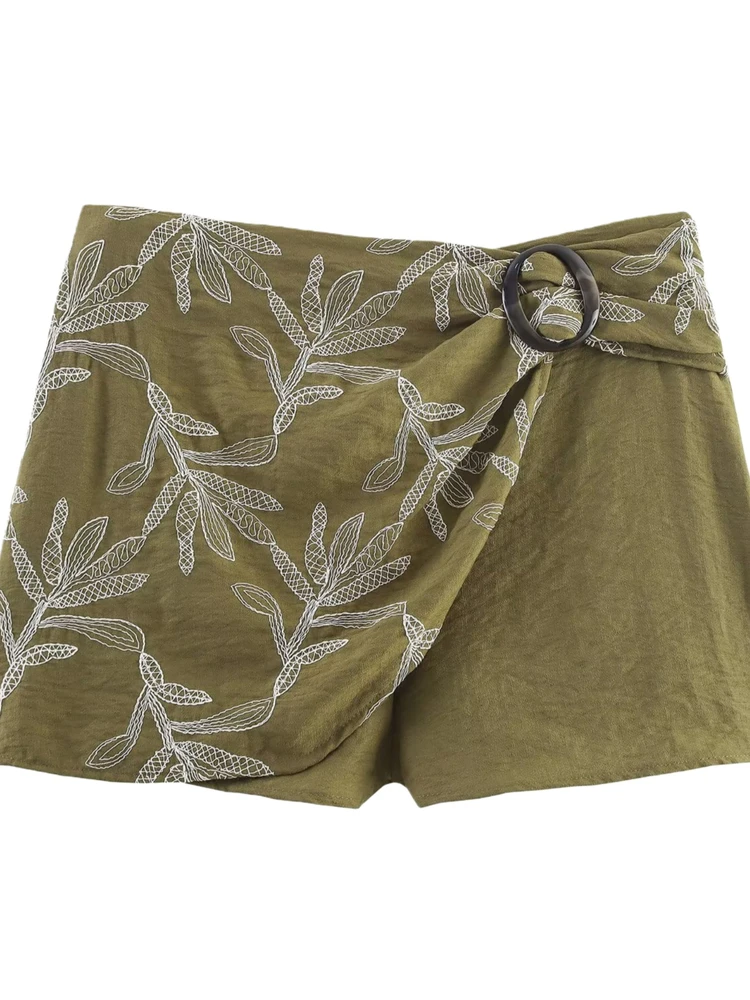 

Юбка-шорты с высокой талией, прямым кроем, эластичным поясом, с отворотами и пуговицами, облегающая, средней длины