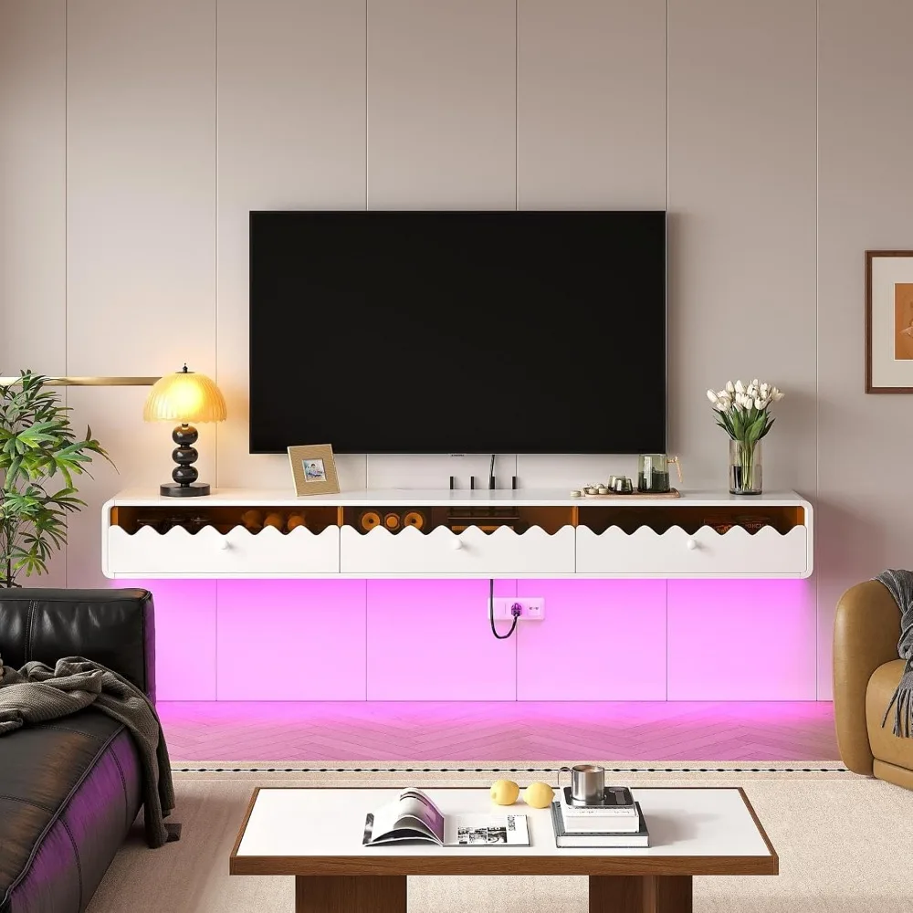 حامل تلفزيون عائم، زجاج مموج مثبت على الحائط مقاس 47 بوصة مع باب وأدراج قابلة للطي، وحدة تحكم ترفيهية حديثة للوسائط