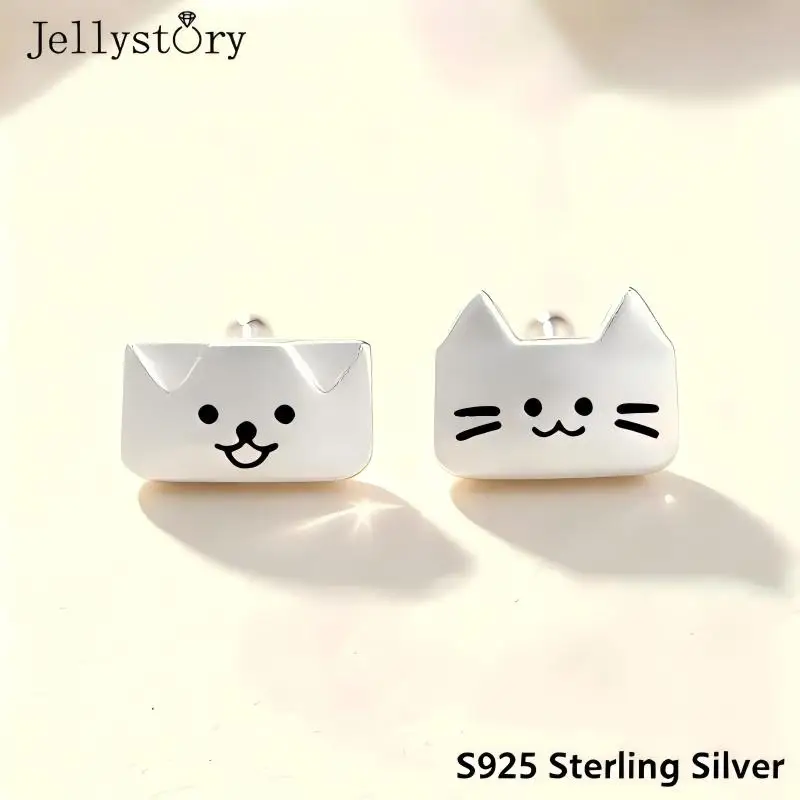 S925 Sterling Silver Cat and Dog Asymmetric Earrings Cute Animal Heart Stud Earrings for Women Best Friend Gift Fashion Jewelry