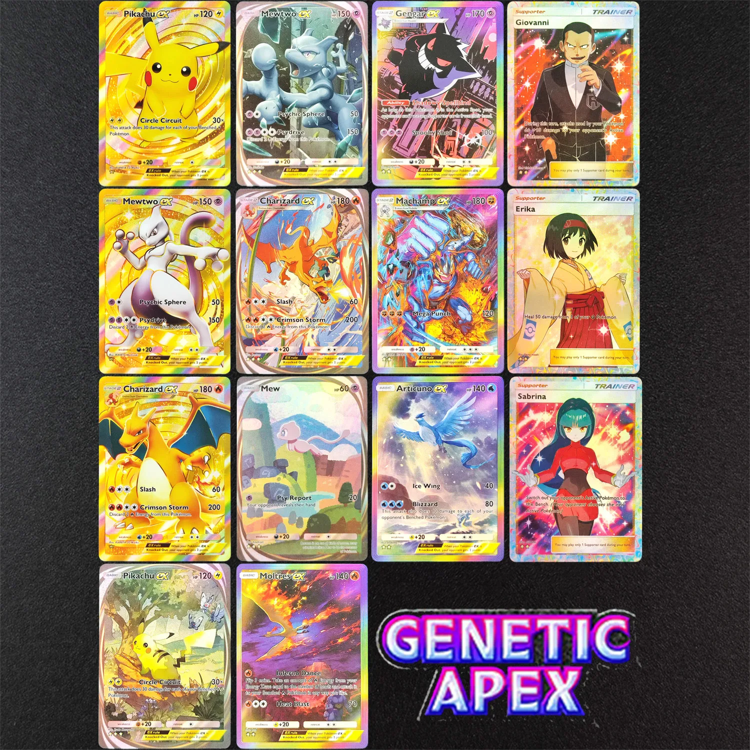 Tarjeta de Juego de Pokémon Hecha a Mano: Pocket Genetic Apex A1 Charizard, Mewtwo, Mew, Gengar, Articuno, Moltres, Machamp, Giovanni, Erika
