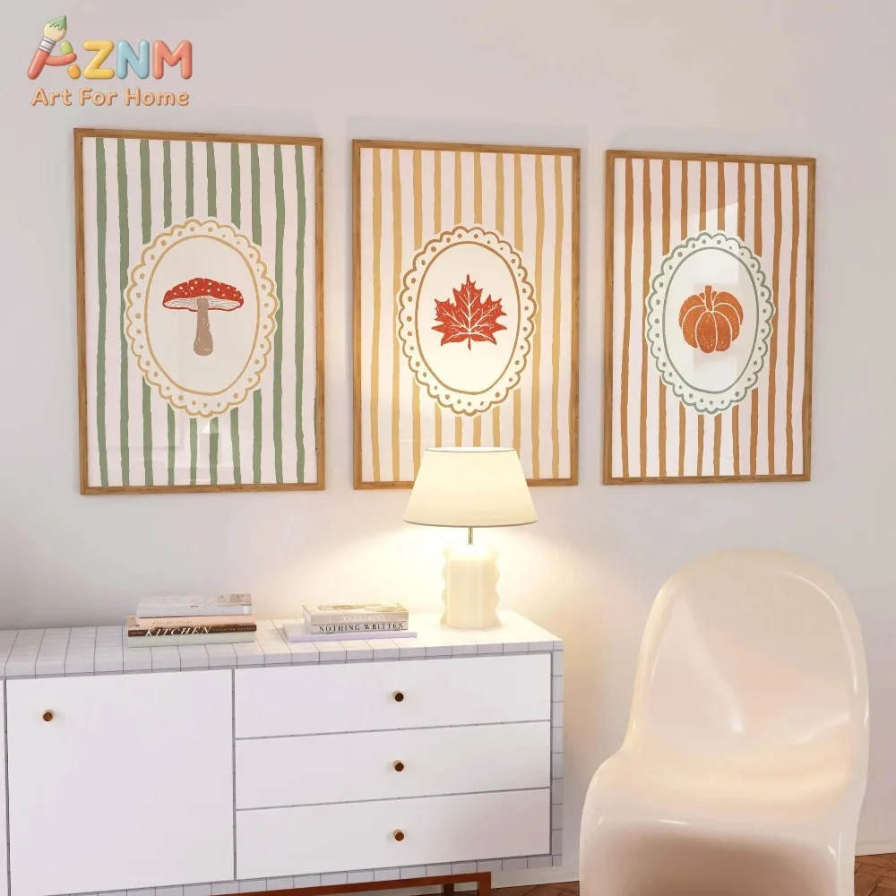 AZNM 3Pcs Striped Fall Canvas Wall Art, Cute Line Art Mushroom Maple Leaf Pumpkin Print Frameless Canvas Painting, Cottage