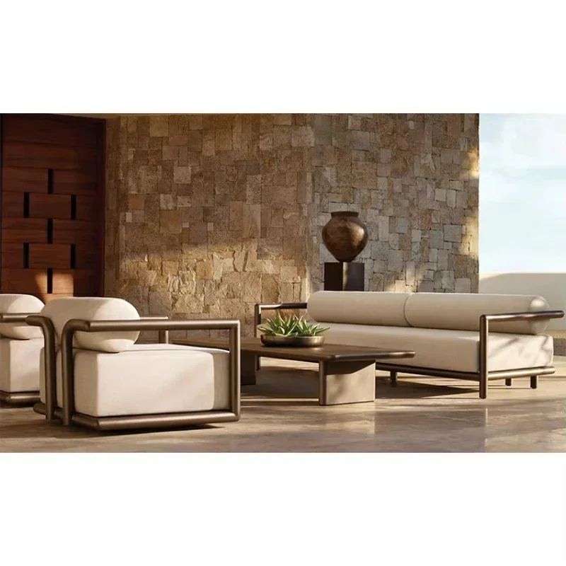 High-end powder-coated aluminum outdoor furniture set, villa garden sofa with dining table, hotel courtyard furniture