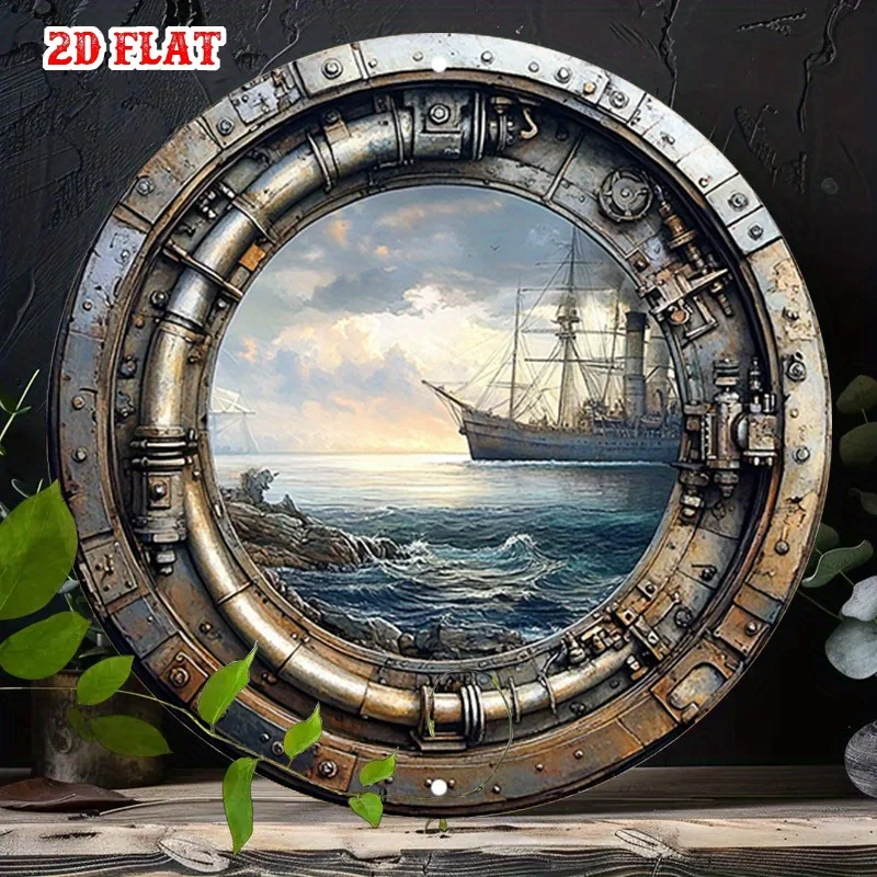 [Plano en 2D] Letrero de Pared Metálico Náutico Vintage - Plano en 2D, Arte Rústico de Barco Navegando con Vista de Obligón, Decoración Redonda de Aluminio para el Hogar