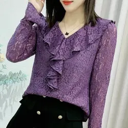 Blusa sensual de renda floral oca, roupa feminina, babados elegantes, camisa emendada, manga comprida, camisa elegante com decote em v, casual, primavera, outono