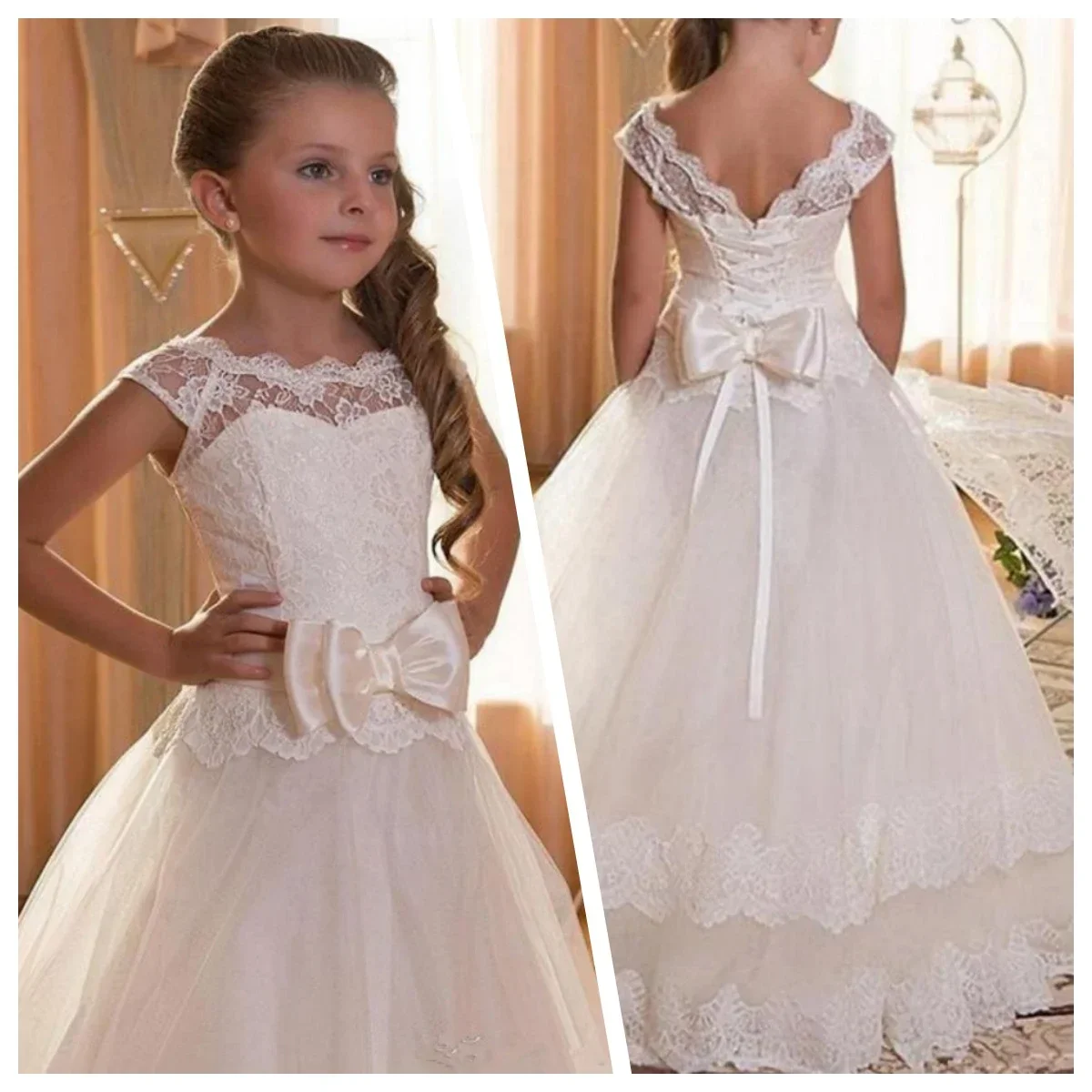 

White First Communion Gown for Girls Backless Lace Appliques Bow Tulle Long Flower Gir Dresses Wedding Party Birthday Dresses