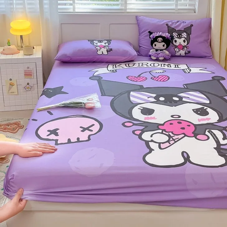 Sanurgente Kuromi-Couvre-matelas en coton pour enfants et adultes, drap-housse, couvre-lit, lin, dessin animé, Hello Kitty, Cinnamoroll, Queen