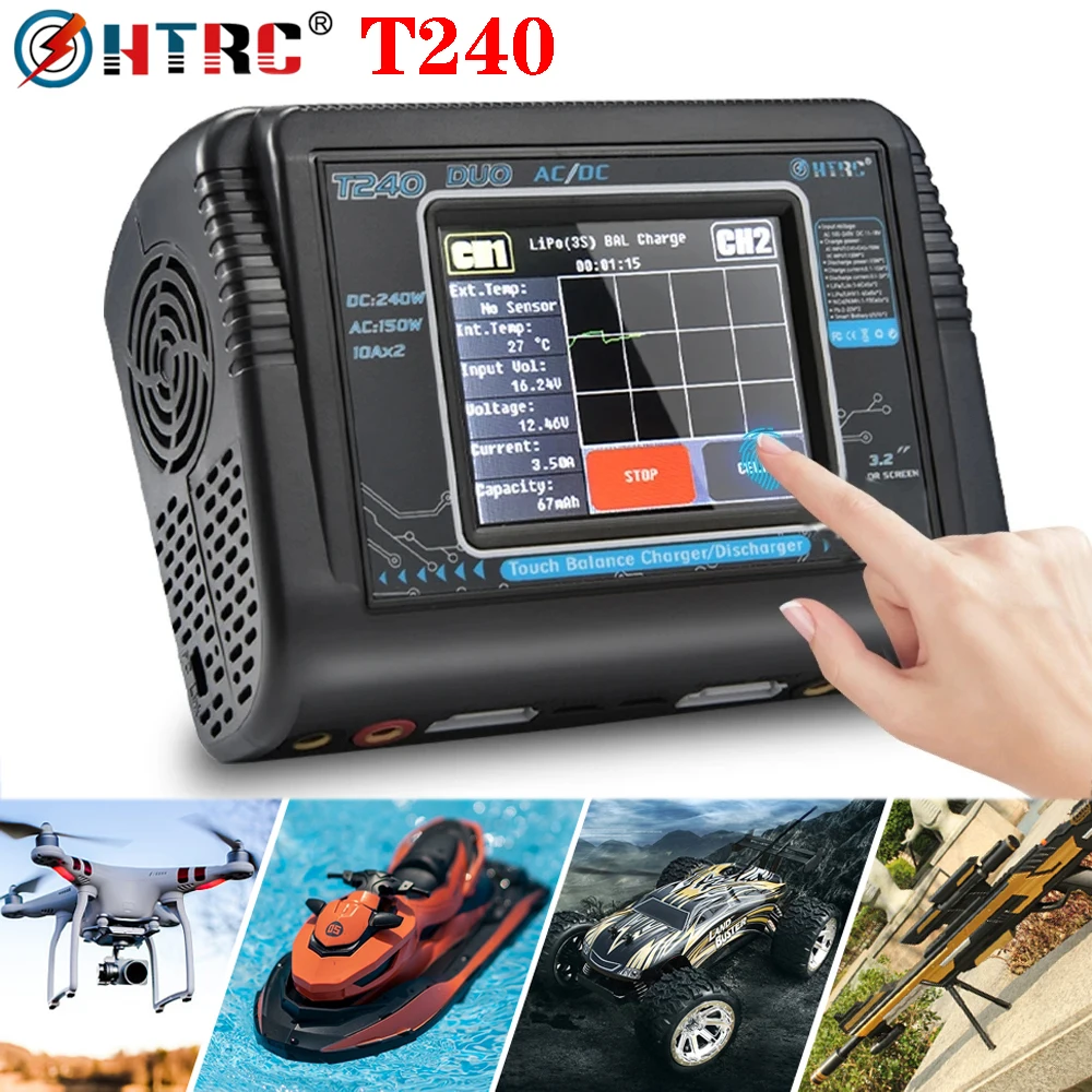 

HTRC T240 Lipo Charger Battery Discharger Dual Channel AC 150W DC 240W 10A Touch Screen Balance Charger Discharger For RC Toys