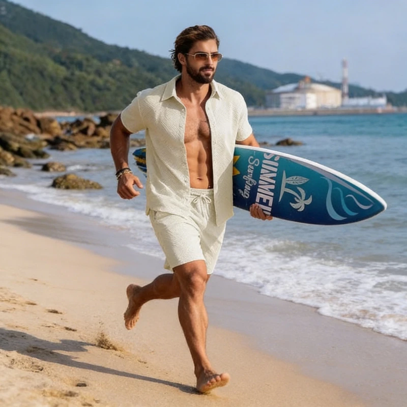 2026 Outdoor Crossborder Texture New Summer Casual Jacquard Beach Short Sleeve Button Knit Top and Shorts Set with Pockets