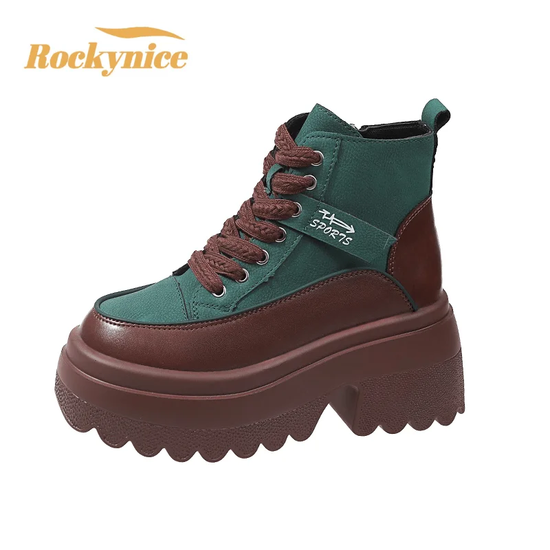 

New Women Ankle Boots Autumn Winter Shoes Ulzzang 7CM Wedge Heels Platform Short Boots Woman Thick Sole Lace-up Leather Sneakers