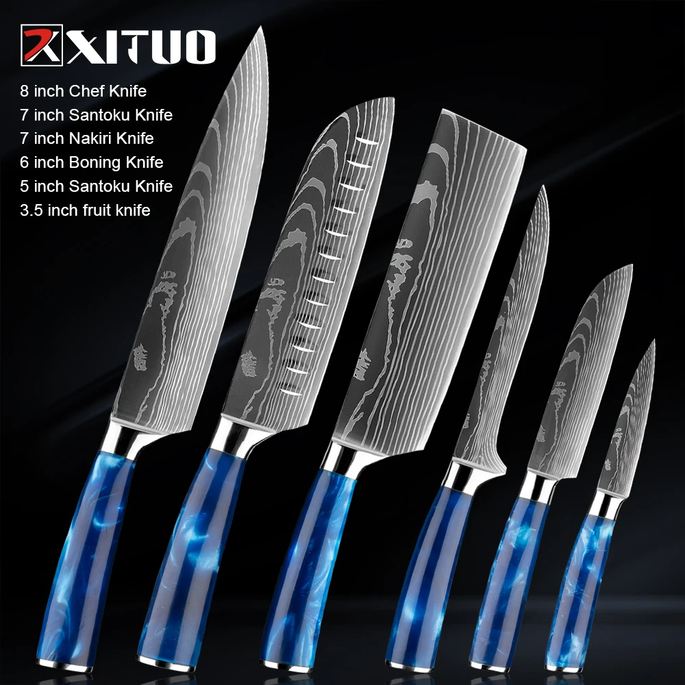 

XITUO Kitchen Knife Set Blue Resin handle Stainless Steel Chef Knife Sharp Japanese Santoku knives Slicing boning bread knife