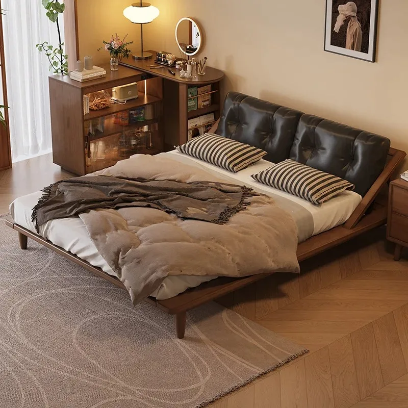 Full solid wood leather bed, Nordic retro walnut tatami, double bed