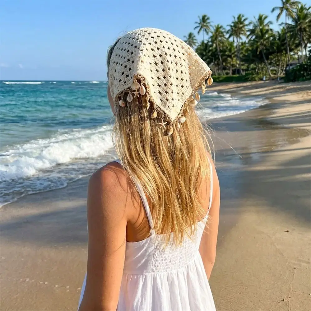 Hollow Out Bohemian Head Scarf Crochet Design Tasseled Edge Triangle Bandana Sequin Embellished Shell Sequin Head Scarf Beach