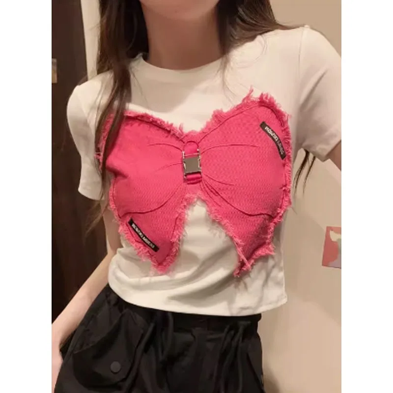 T-shirt Tops Short Hottie New Design Butterfly Summer Dopamine Temperament Short Sleeved Splicing