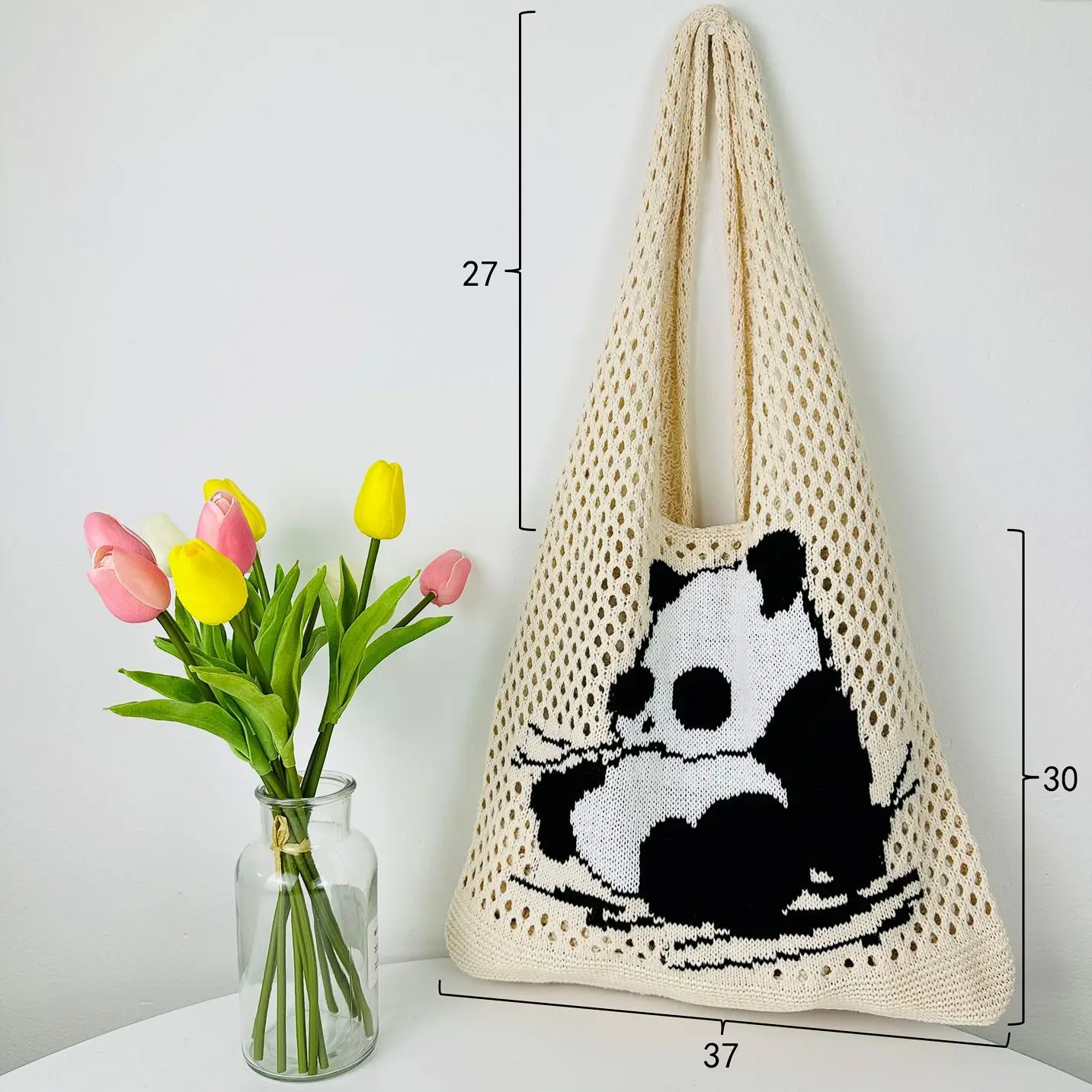 Panda Knitted Handbags Cute Summer Beach Bags Shoulder Casual Tote Female Student Shopping Woven Phone Bags For Women Girls