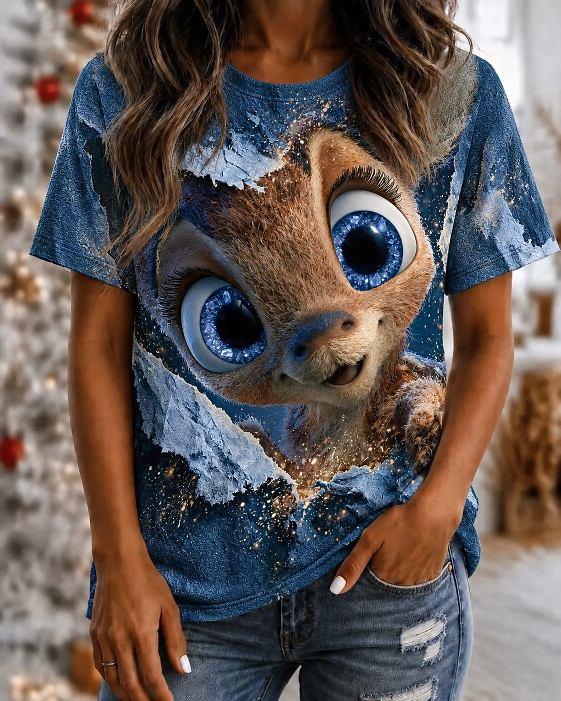 Women's Spring Summer 3D Printed Crew Neck T Shirt, Starry Blue Ripped Paper Big Eye Deer Cute Cartoon Healing Daily Top