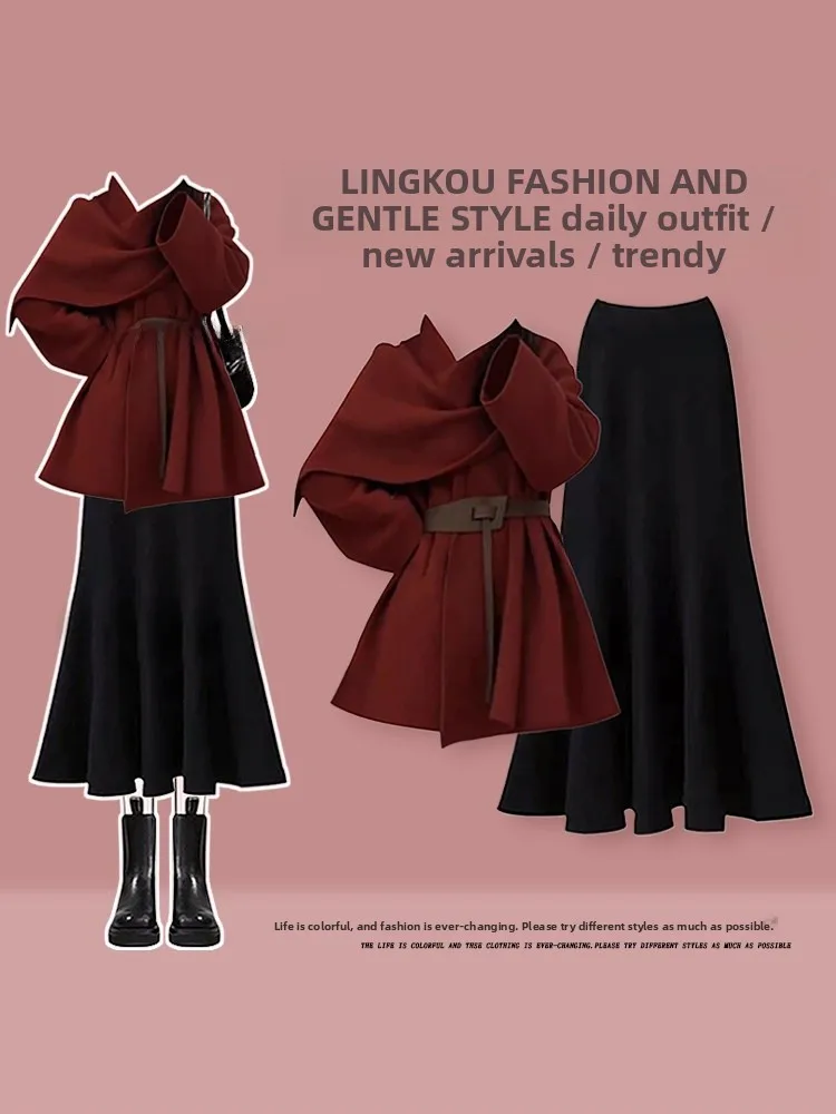 

Red Autumn Winter Slimming Fi Tail Skirt Set for Women Casual High Waist Straight Cut Long Sve Faion Two Piece Suit