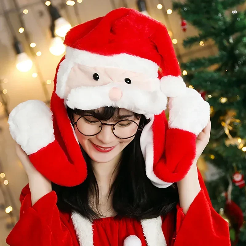 Hot Selling Interactive Reindeer Ear Hat with Movable Santa Beard, Plush Christmas Cap for Women & Kids, Fun Party Gift