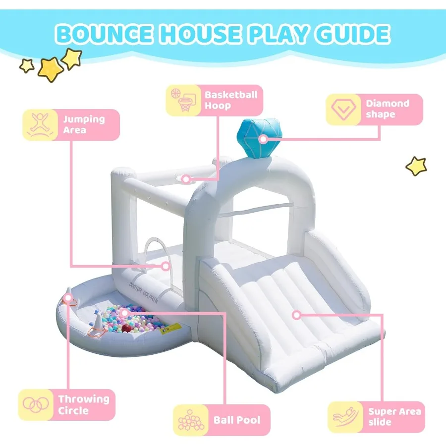 Weißes aufblasbares Hüpfhaus für Kinder im Alter von 3 bis 6 Jahren mit Bällebadern und integriertem Gebläse. Ideal Springburg für den Innen- und Außenbereich für die Geburt