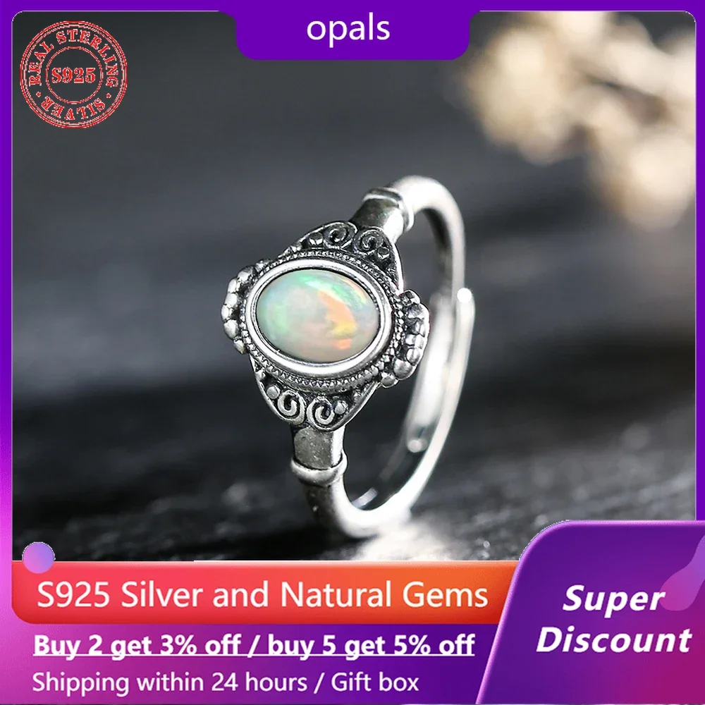 

S925 sterling silver classic retro ring inlaid with natural mineral opal gemstone women's ring wedding jewelry accessories men's