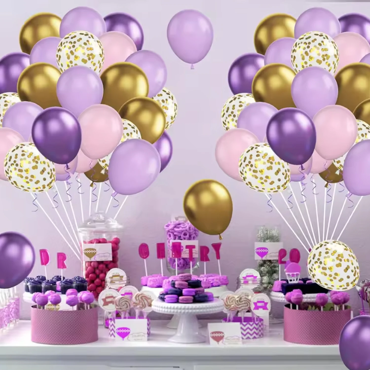 46-teiliges Ballon-Set im „Märchenstil“ in sanftem Lila und Rosa – 10/12 Zoll Metallgoldfarbene Papierballons und Latexballons – Detail 3