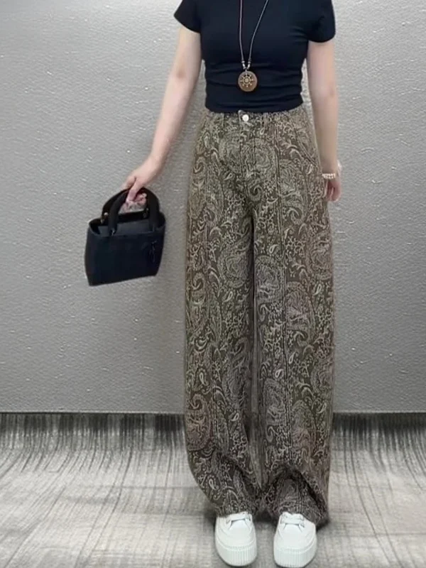 

Waed Denim Floral Embroidery Wide Leg Pants American Sle Retro Lazy Women's Jeans Casual High Waist ket Multi Functional