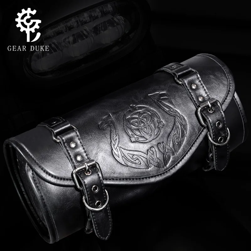 Motorcycle Front Fork Tool Bag Faux Leather Universal Handlebar Roll Bag Waterproof Fit For Harley Sportster Kawasaki Yamaha