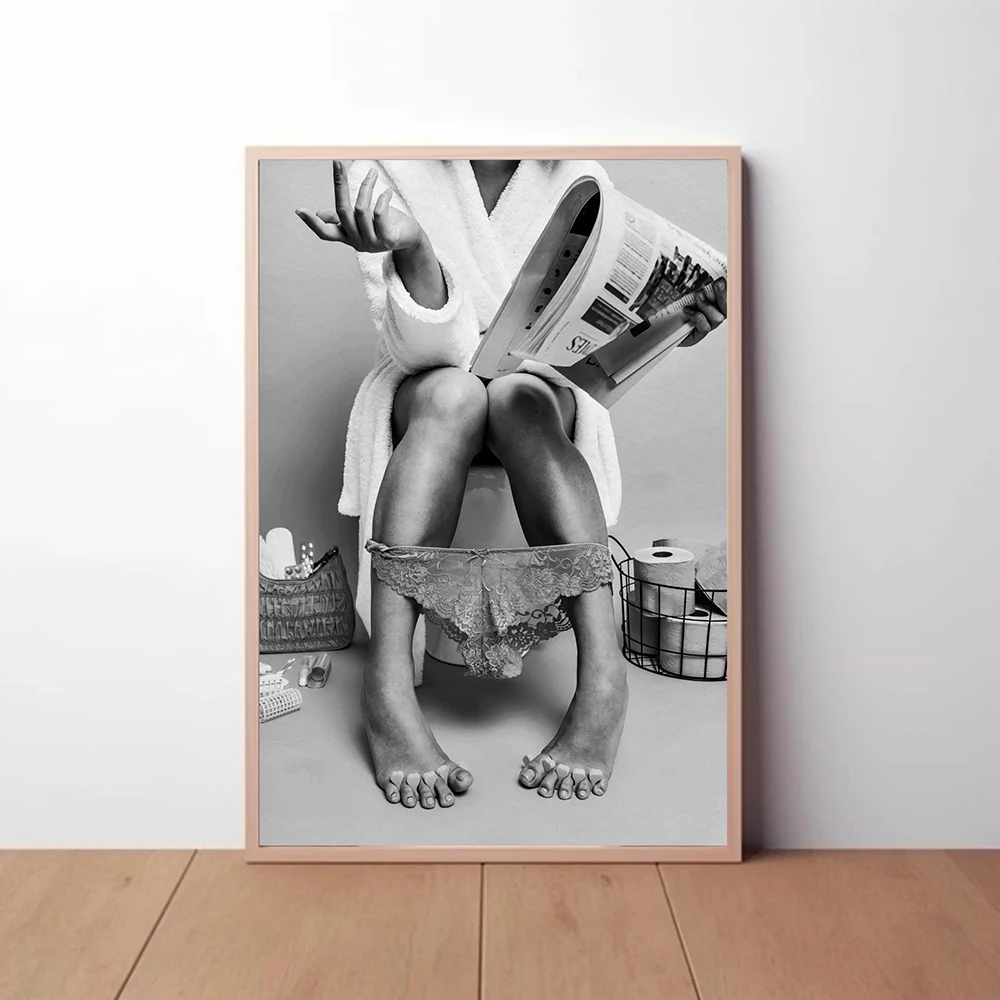 Modern Feminist Canvas Art Poster - Woman Reading Newspaper in Bathroom, Black & White Fashion Wall Decor for Living Room, Bedro