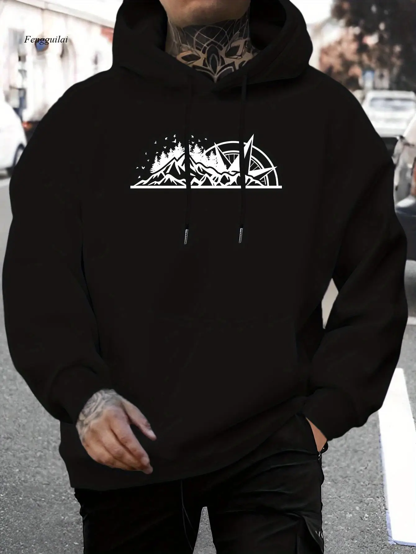 

Толстовка с капюшоном и принтом Mountain & Compass с карманом-кенгуру, эластичный уличный пуловер, свитер для пеших прогулок