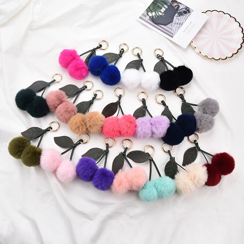 Fluffy Cherry Keychain Faux Rex Rabbit Fur Ball Bag Charm Kawaii Fruit Pom Pom Keychain for Women Handbag Car Mirror Accessories