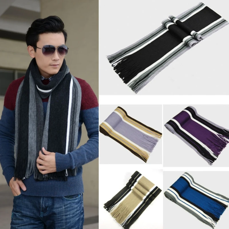 Hot Fashion Designer Men\'s Scarf Winter Classic Cashmere Warm Soft Fringe Striped Scarf Tassel Shawl Wrap Neckwarmer