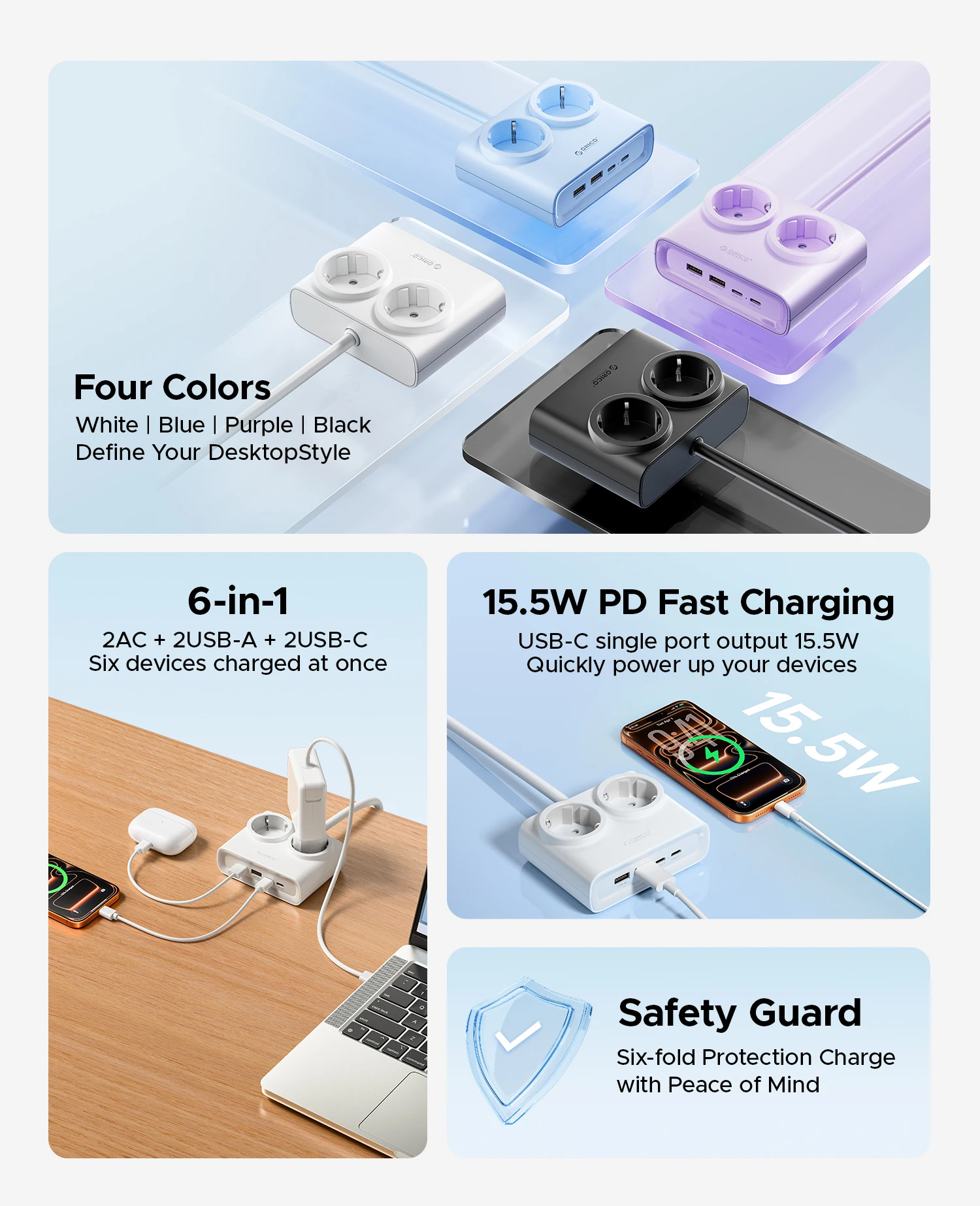 ORICO PD15W Desktop Power Strip with 2 Type-C Port 2 AC Outlets 2 USB-A Ports Charging Station for Phones And Electronics