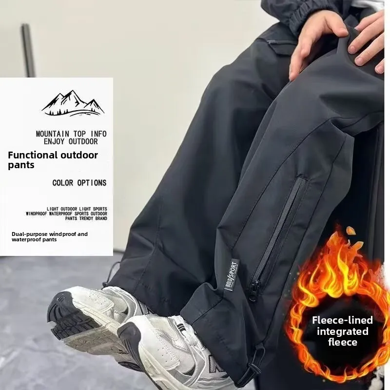Men's And Women's Fleece Lined Windproof Water Resistant Straight Leg Climbing Pants Autumn Winter New Style Workwear Trousers