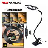 3X 5X Flexible Magnifier USB 3 Colors Lamp Clip-on Desk LED Reading Lamp Large Glass Lens Illuminated Magnifying Glass for Home