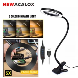 3X-5X Flexible Magnifier USB 3 Colors Lamp Clip-on Table Top Desk LED Reading Large Lens Illuminated Magnifying Glass for Home