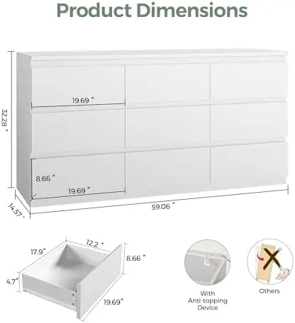 White 9 Drawer Dresser for Bedroom,Modern Wood Dressers & Chest of Drawers with No-Handle Design, Long Dressers for