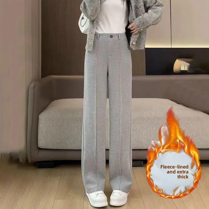 

Утепленные широкие прямые брюки для женщин, осенне-зимние, облегающие, с высокой талией, длинные брюки