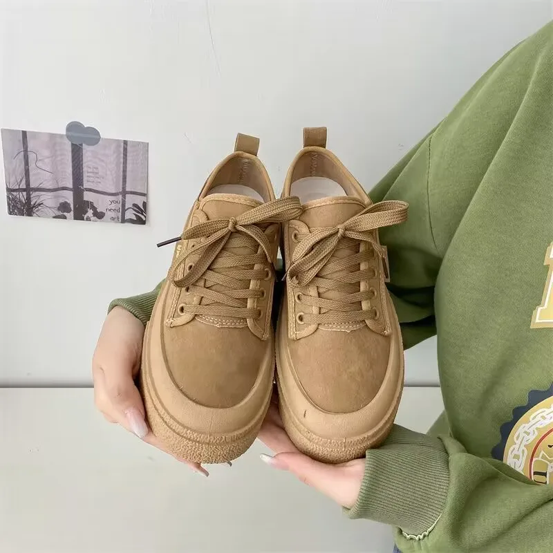 2023 Soft Suede Leather Casual Shoes Women Sneakers Clogs Platform All-Match Autumn New Round Toe Cross-tied   Frosted Flats