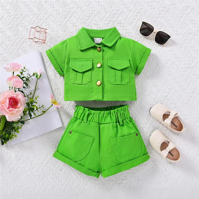 Girl\'s Summer Segment Suit Toddler Fashion Lapel Pocket Top + Denim Shorts 2 Piece Set 2-7Y European and American Trend