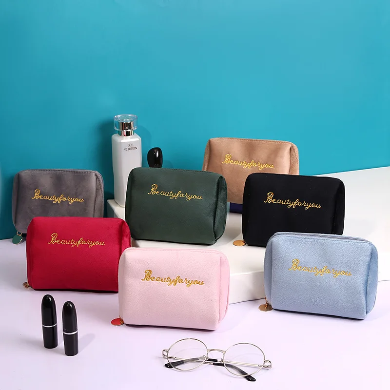 Women's Cosmetic Bag Zipper Velvet Letter Embroidery Solid Make Up Pouch for Cosmetics Toiletry Case Female Make Up Bags
