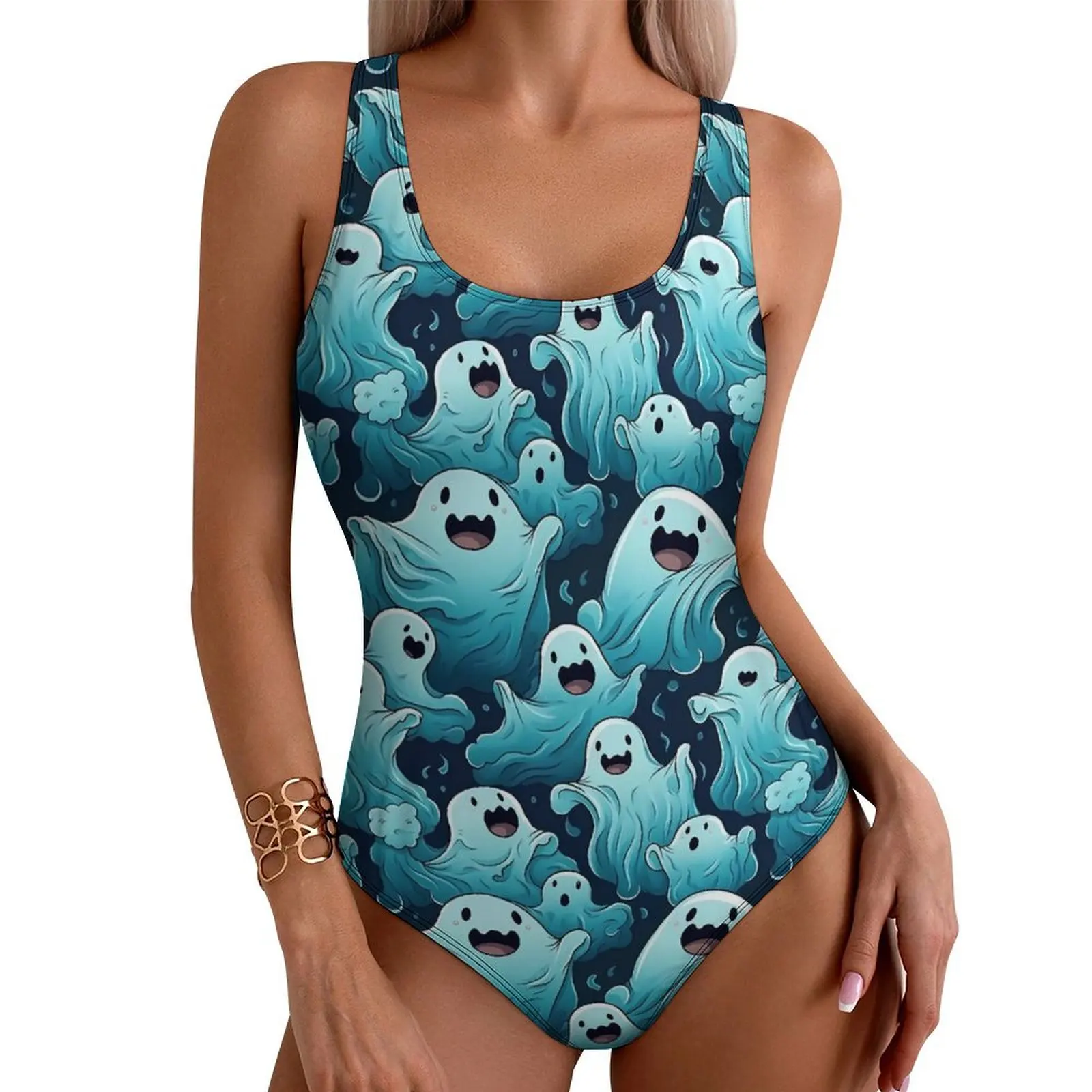 Friendly Ghost Swimsuit Halloween Push Up Swimwear One-Piece Fitness Bathing Suit Swimsuits Sexy Graphic Beach Wear Plus Size