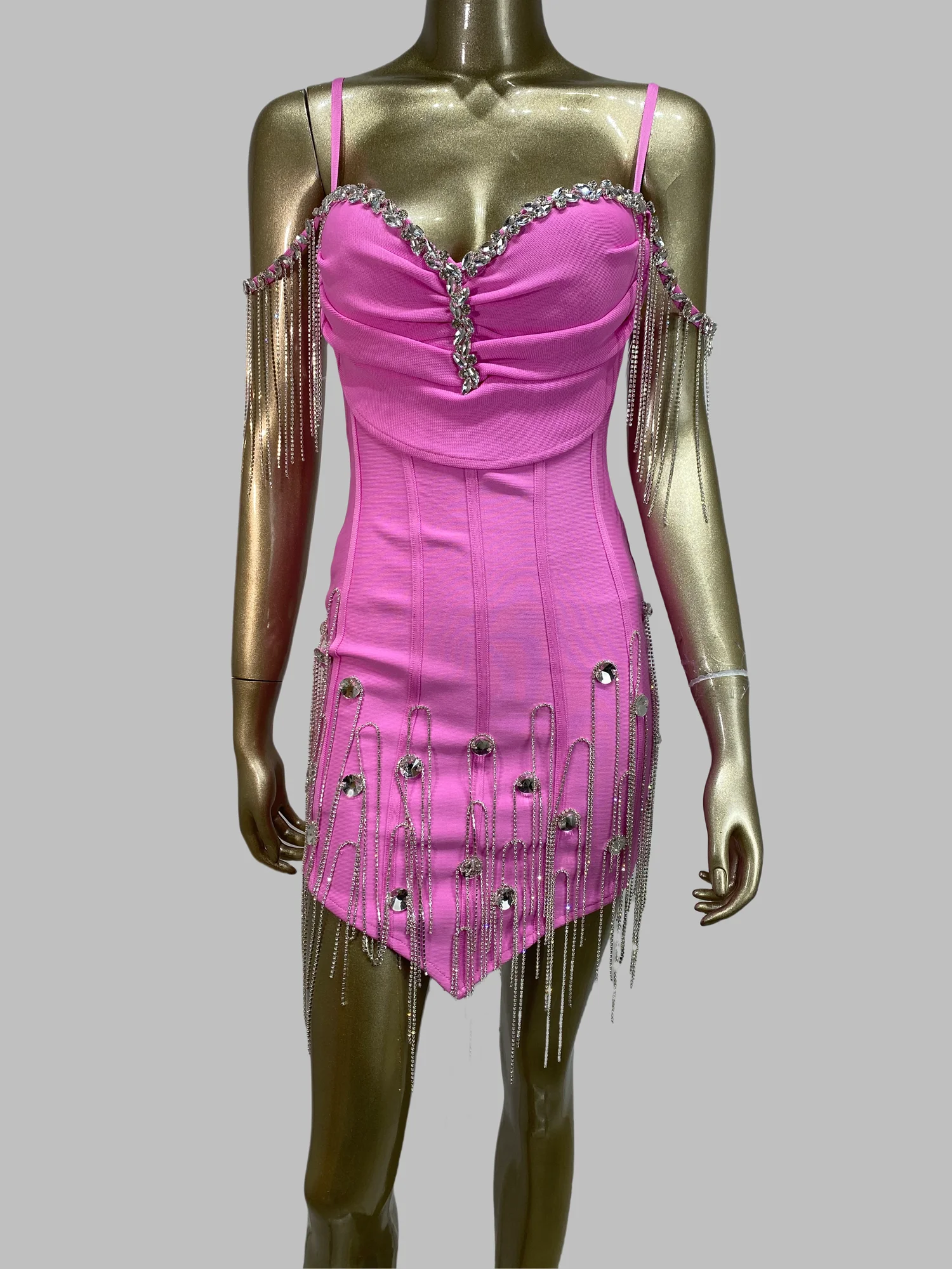 Women Luxury Birthday Dress Pink Spaghetti Strap Diamonds Tassel V Neck Bodycon Mini Celebrity Evening Club Party Dresses