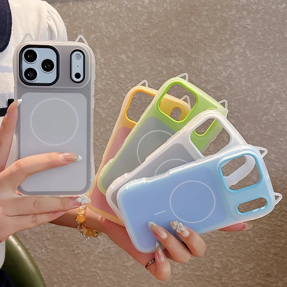 Cute Cat Ear 2-in-1 Magnetic Phone Case with Reinforced Corners For iPhone 17 16 15 14 13 12 11 Pro Max Plus For Magsafe