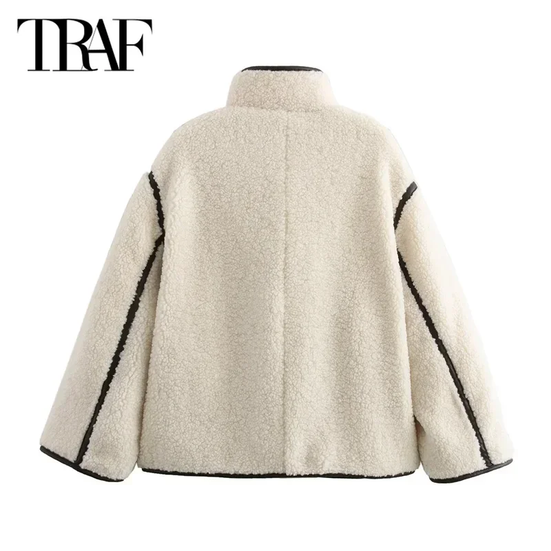 TRAF Women\'s Warm Winter Jacket 2024 Fleece Plush Jacket Autumn Oversized Parkas Long Sleeve Teddy Jacket Coats New In Outerwear