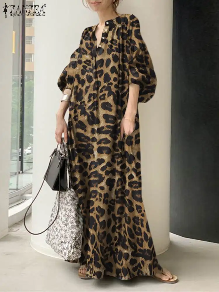 ZANZEA Autumn Sundress Women Fashion Leopard Maxi Dress Female V Neck Printed Robe Femme Casual Puff Sleeve Long Vestidos 2024
