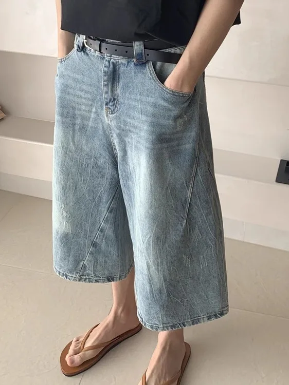 

Retro American Waed Loose Blue Jeans orts Men's High Street Trendy Design Sensation Seven-Five Middle-Pants Trend