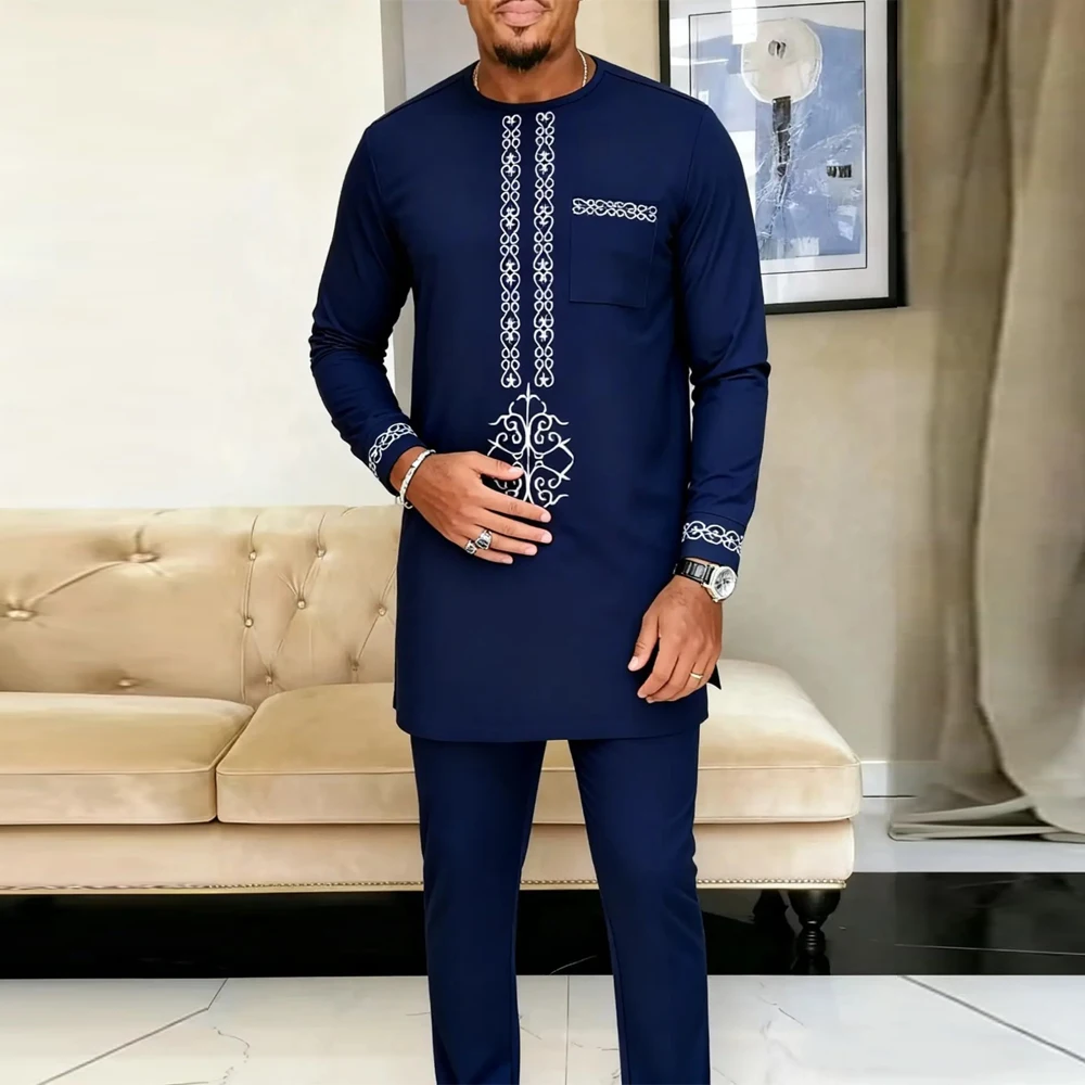 Men's African Kaftan Set Long Sleeve Embroidered Luxury Elegant Suit Party Wedding Holiday Muslim Men 2 Piece Suits Set